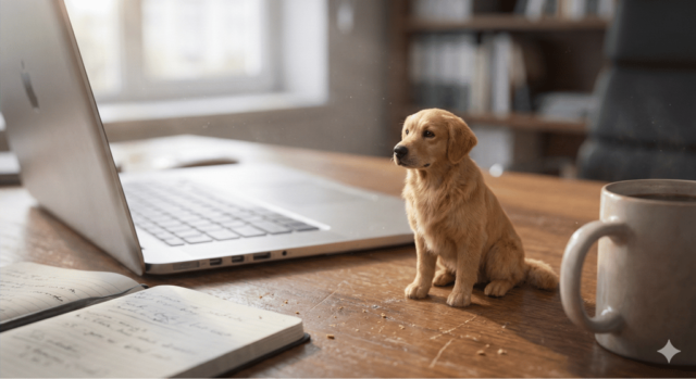 Tiny golden retriever puppy sitting on a desk beside a laptop and coffee mug.