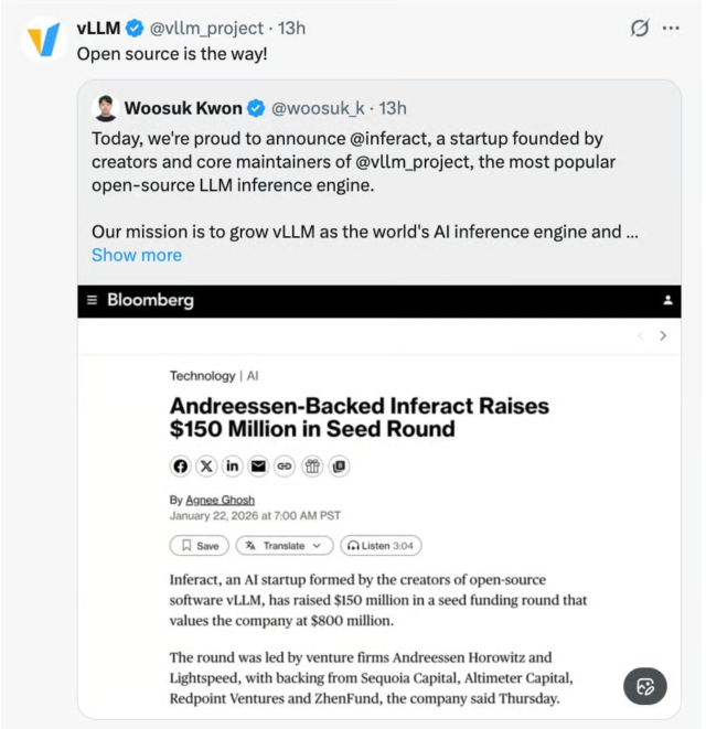 vLLM X post about startup raise for AI.