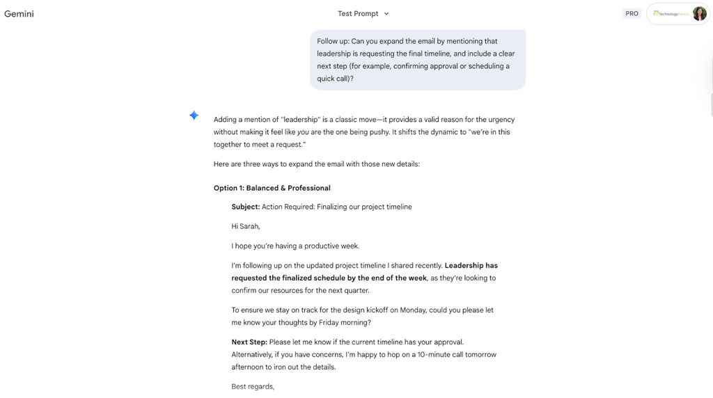 Gemini conversation about writing a professional email.