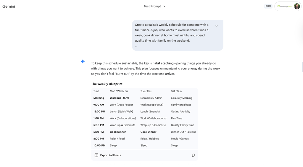 Gemini conversation about planning a realistic weekly schedule.