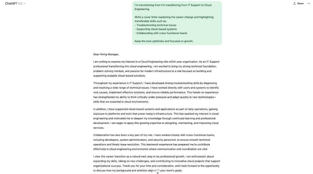 Career change cover letter prompt.