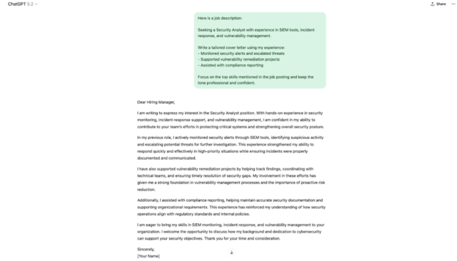 Tailored cover letter prompt based on job description.