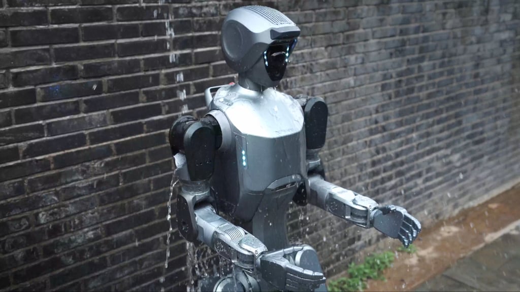 DEEP Robotics DR02 standing outside in the rain.