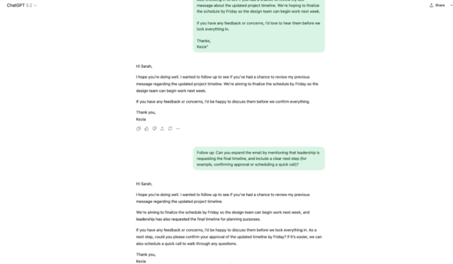 ChatGPT conversation about writing a professional email.
