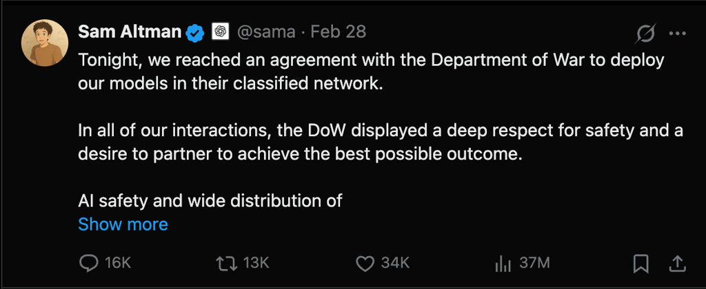 Screenshot of Sam Altman's X post about the agreement.
