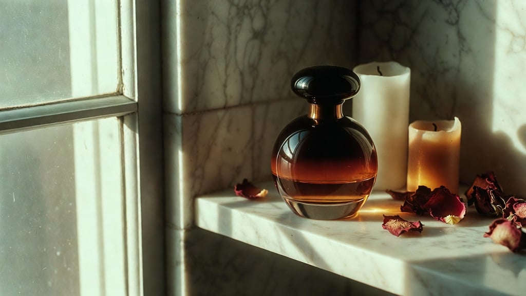 A dark amber glass perfume bottle placed on the edge of an antique marble bathroom shelf, half-melted candles nearby, a few dried rose petals scattered, early morning light coming through a frosted window to the left, long shadows, editorial luxury fragrance photography, film-like color grading with slight desaturation, no text or labels visible, Vogue-style composition.