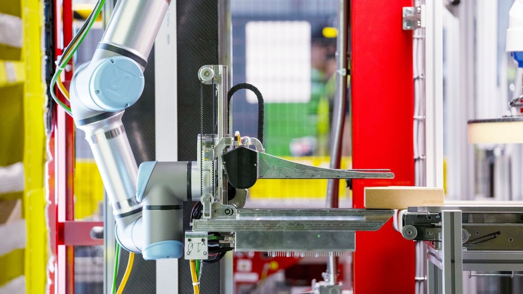 The Vulcan AI robot working inside the Amazon warehouse keeping items in order by picking and stowing items at different levels in the facility’s inventory.
