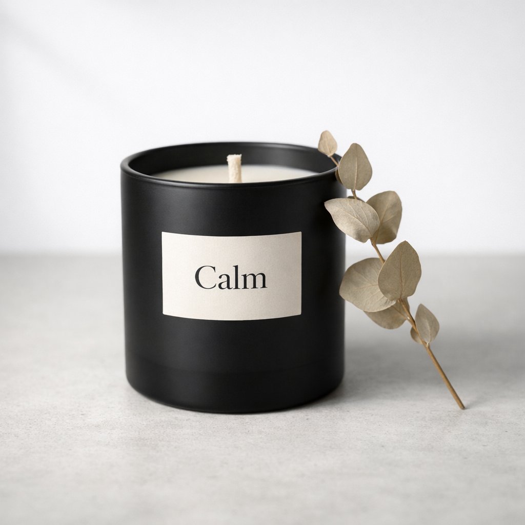Minimalist product photography of a matte black cylindrical glass candle with a raw cotton wick, sitting on a smooth pale concrete surface.