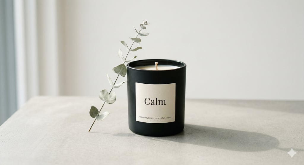 Minimalist product photography of a matte black cylindrical glass candle with a raw cotton wick, sitting on a smooth pale concrete surface.