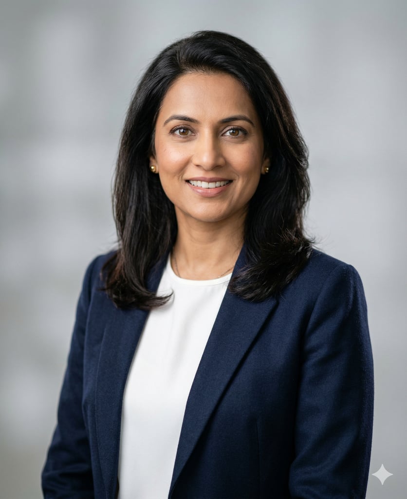 Professional corporate headshot of a confident South Asian woman in her early 40s, wearing a tailored navy blazer over a white blouse.