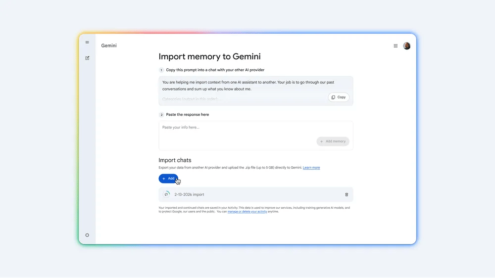 Gemini memory import feature including chats.