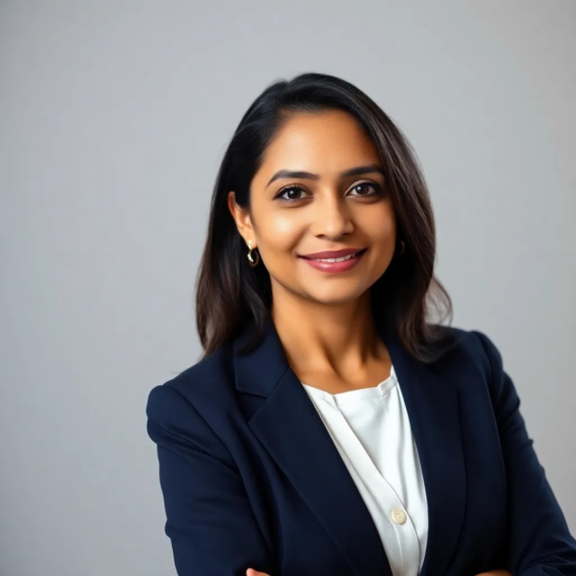 Professional corporate headshot of a confident South Asian woman in her early 40s, wearing a tailored navy blazer over a white blouse.
