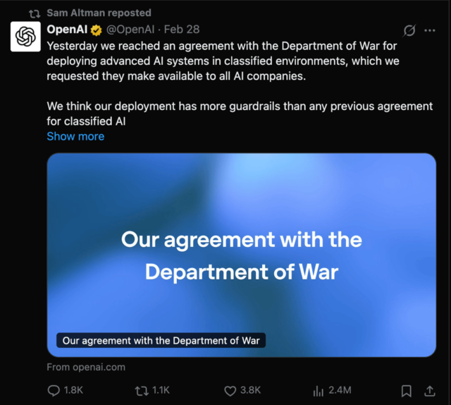 Sam Altman repost on his X account about the agreement between OpenAI and Department of War.