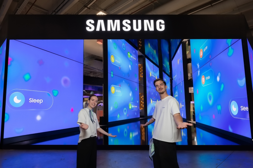 An image of Samsung’s exhibition demonstrating five key health areas: sleep, activity, nutrition, mental health and vital signs.