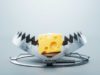 Beware of the genAI token lure A large piece of cheese in a bear trap, close-up. The concept of a trap, cheating, credit, free cheese in a mousetrap. 3D render, 3D illustration