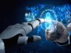 Build an agent? Sell an agent Robot hand and human hand extend toward either side of a virtual touchscreen to click a humanoid figure on the screen.